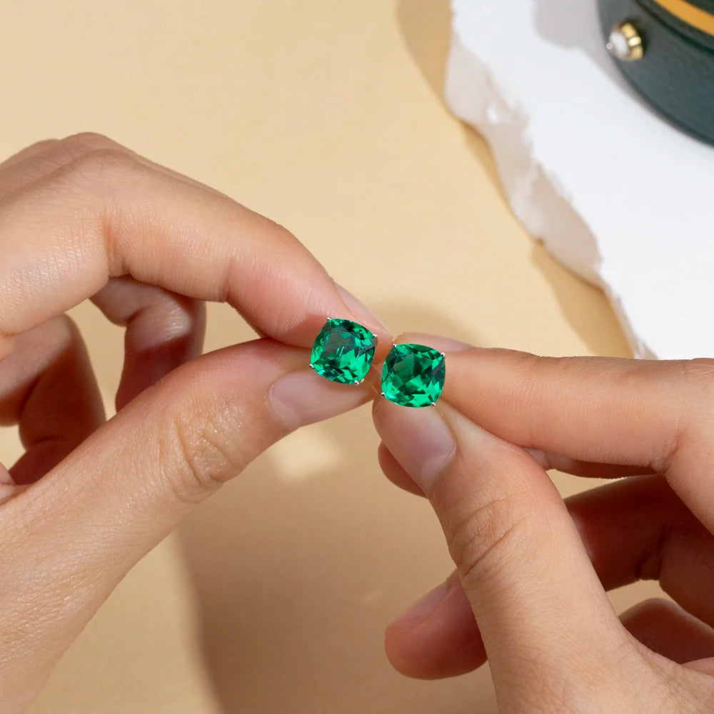 Classic Cushion Cut Lab Emerald Studs