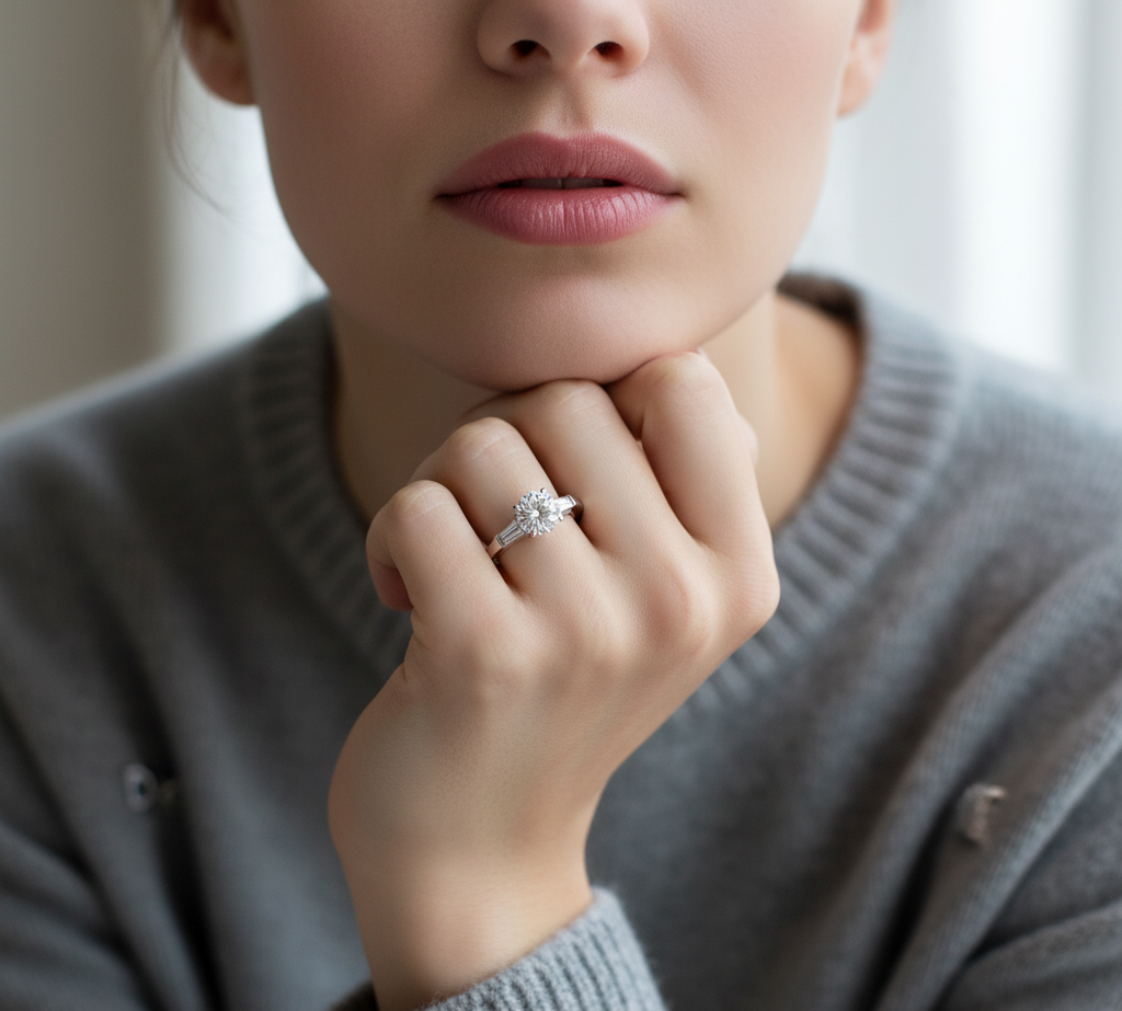 Three-Stone Ring with Round Diamond and Tapered Baguettes (1 CT)